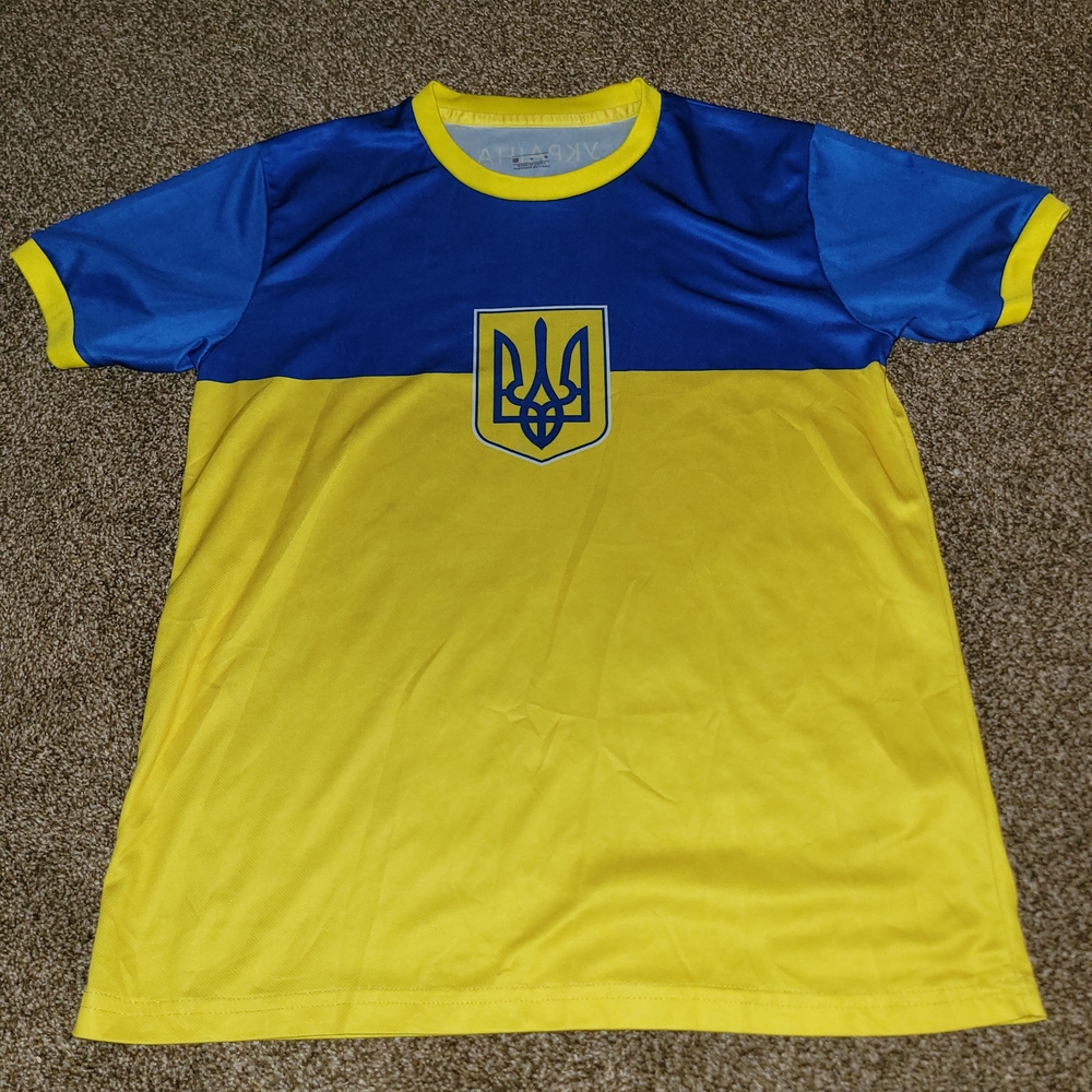 Blue and Yellow Jersey Type Shirt with Ukrainian Emblem